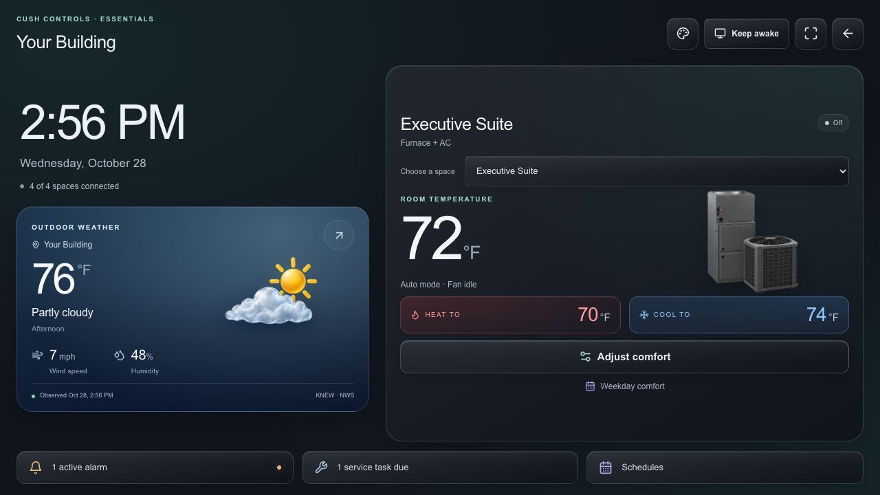 Essentials wall display showing weather and room comfort