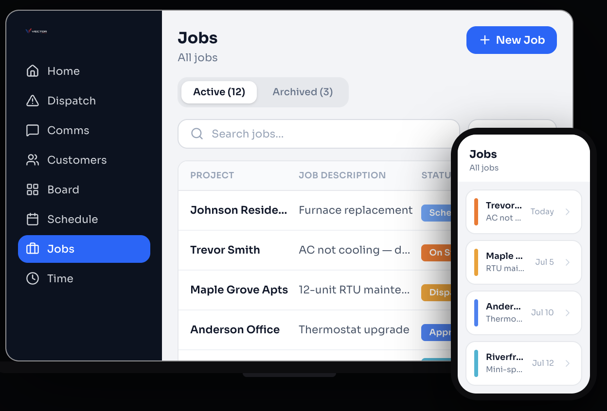 Vector Field Operations app showing the jobs list on desktop and mobile